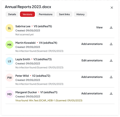 Version history with full member identities visible to admins