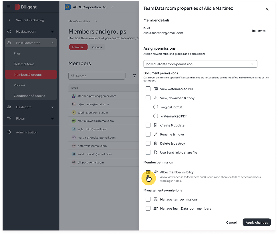 Member permissions panel with the new Allow member visibility toggle