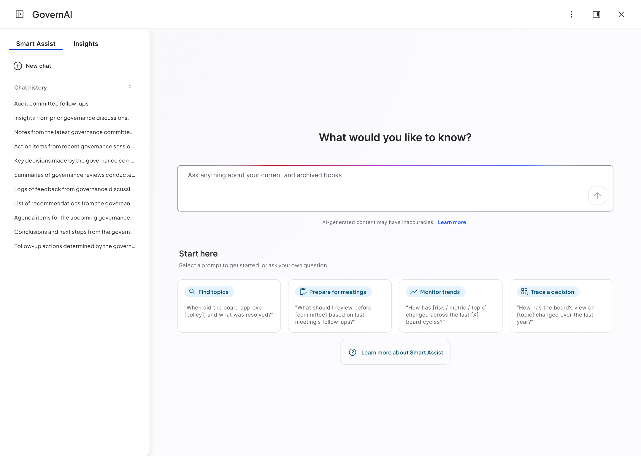 Smart Assist welcome state: full-screen first run with starter prompt cards
