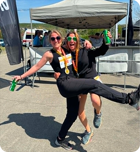 Celebrating a race with friends and a beer