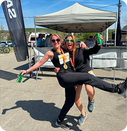 Celebrating a race with friends and a beer
