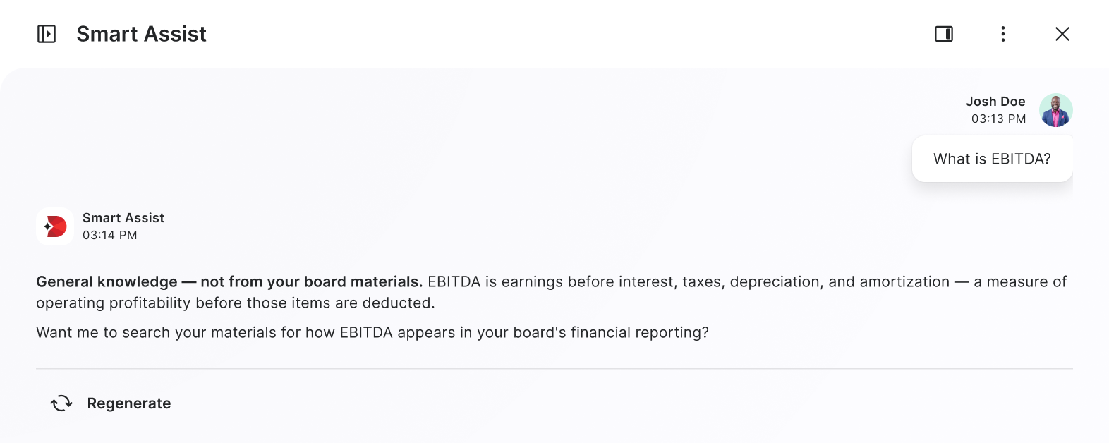 Smart Assist answering a definitional EBITDA question and labelling it as not coming from the board's materials, with an offer to ground it