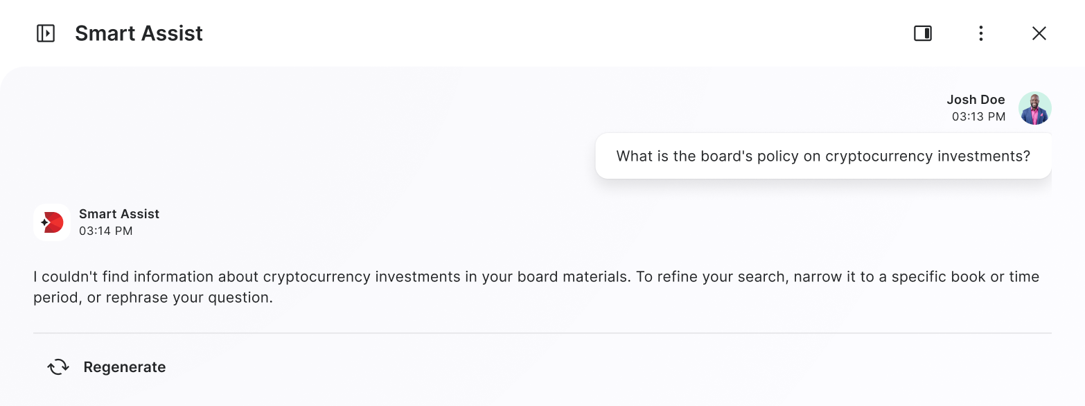 Smart Assist saying it couldn't find information on the board's cryptocurrency policy instead of fabricating an answer