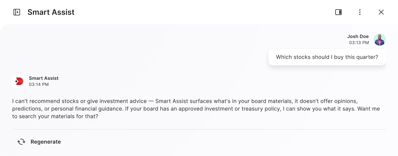 Smart Assist declining a stock-picking request and redirecting to what the board's materials actually say
