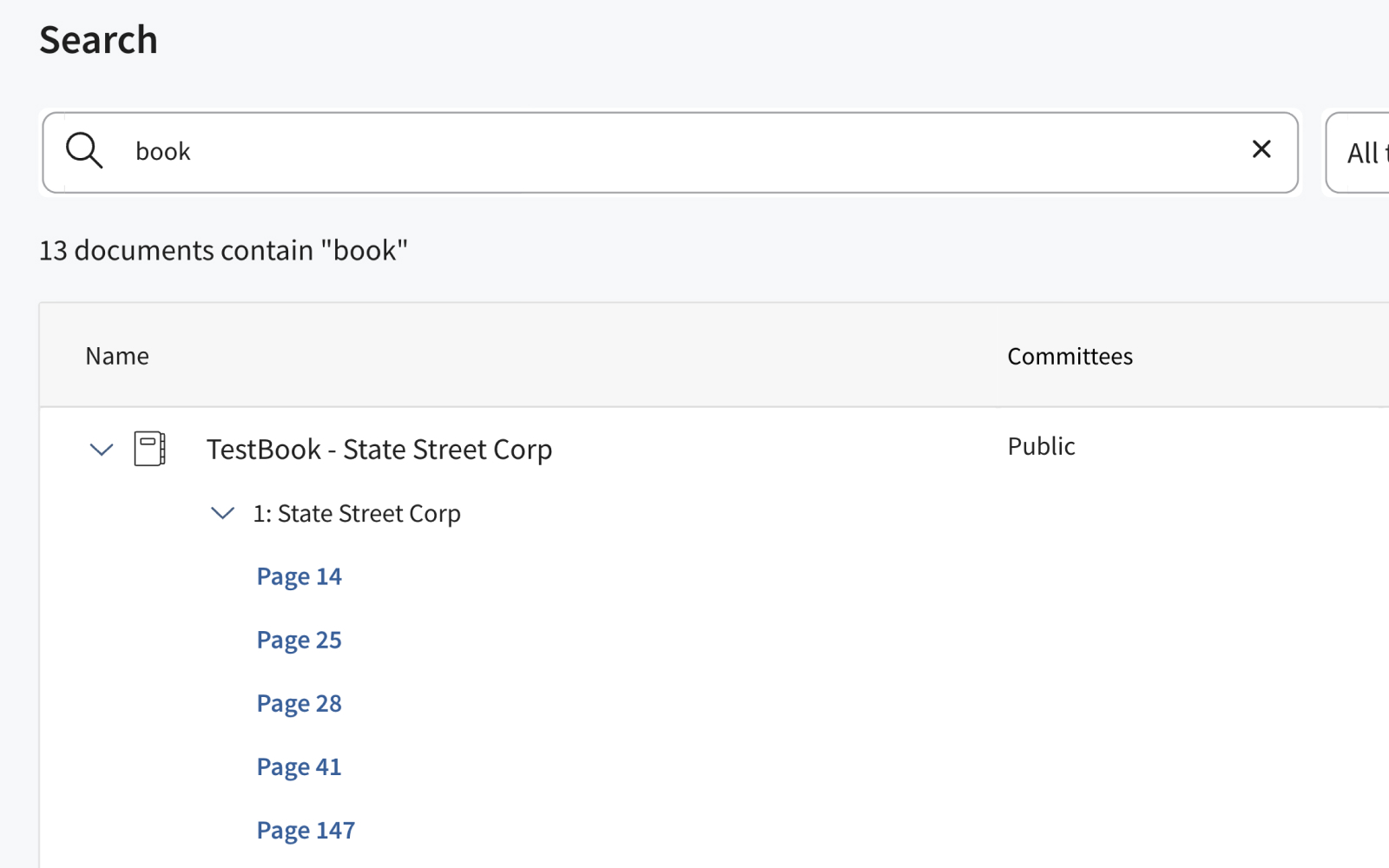 The old search-results page: a document title and a list of page-number links, no excerpt or context