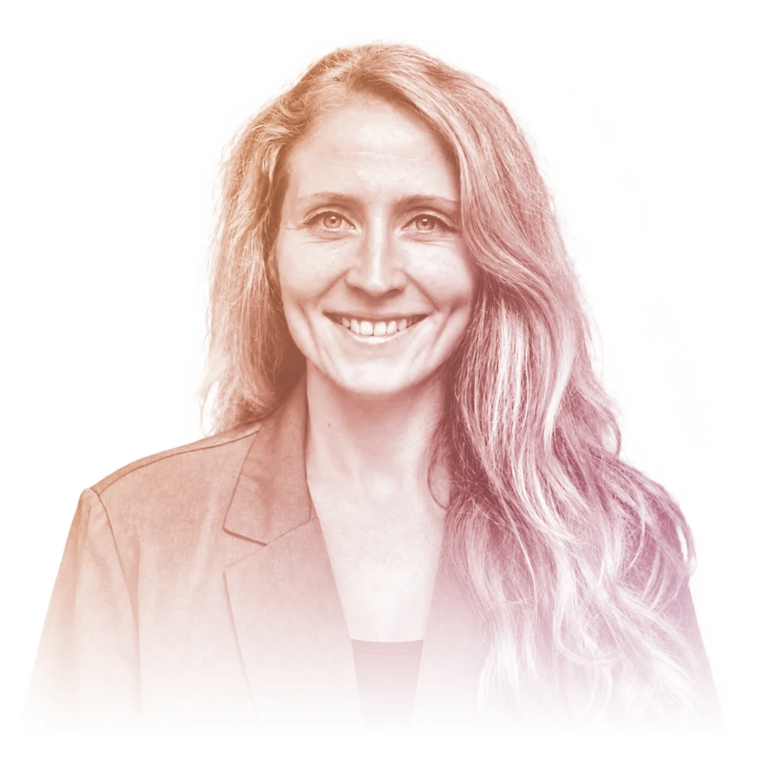 Portrait of Fruzsina Funtek smiling, toned in warm amber and rose