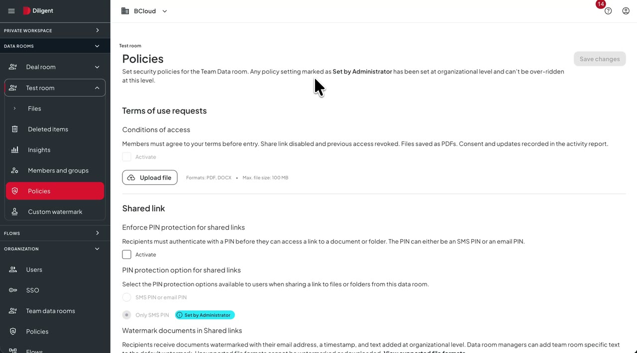 Configuring the Terms & Conditions legal access gate in a data room